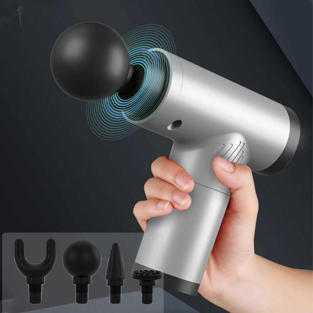 PulsePro Mini – Pistola per massaggi fasciali compatta con 6 livelli e 4 testine per massaggio