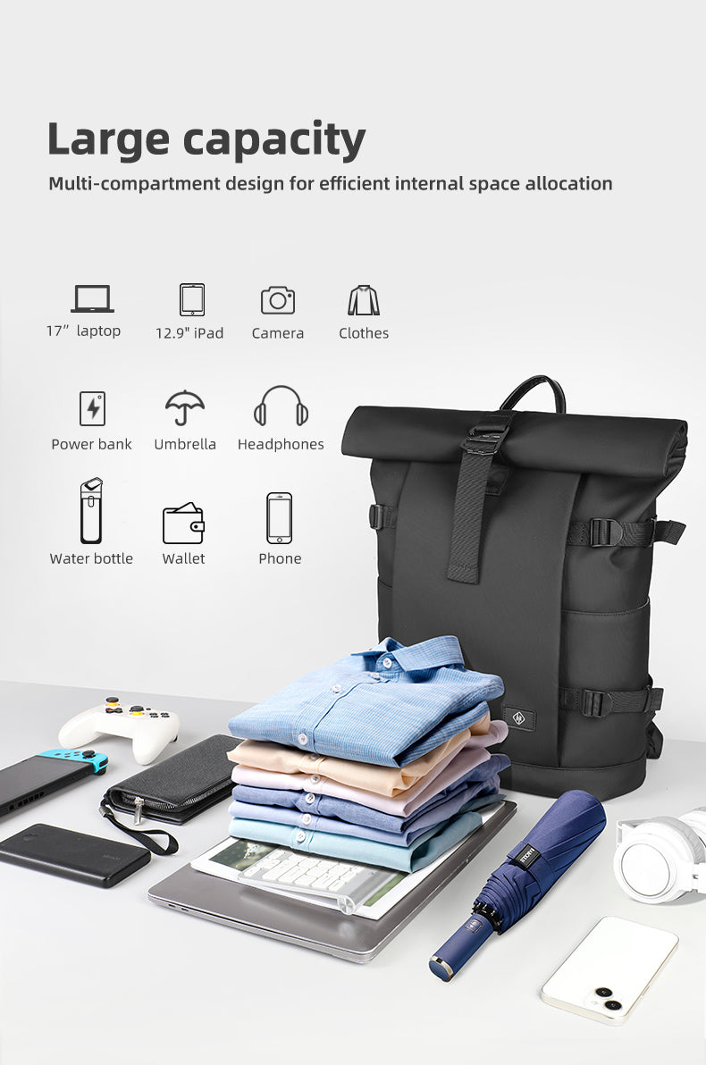 Mochila ROLLTRAIL – Mochila de exterior expandible con compartimento para portátil, cierre enrollable y protección antirrobo