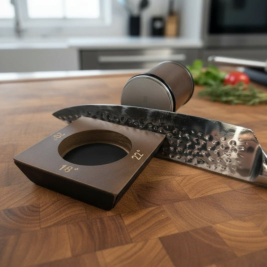 SHARPROLL – 4-Winkel-Rollmesserschärfer mit magnetischem Holzsockel 1