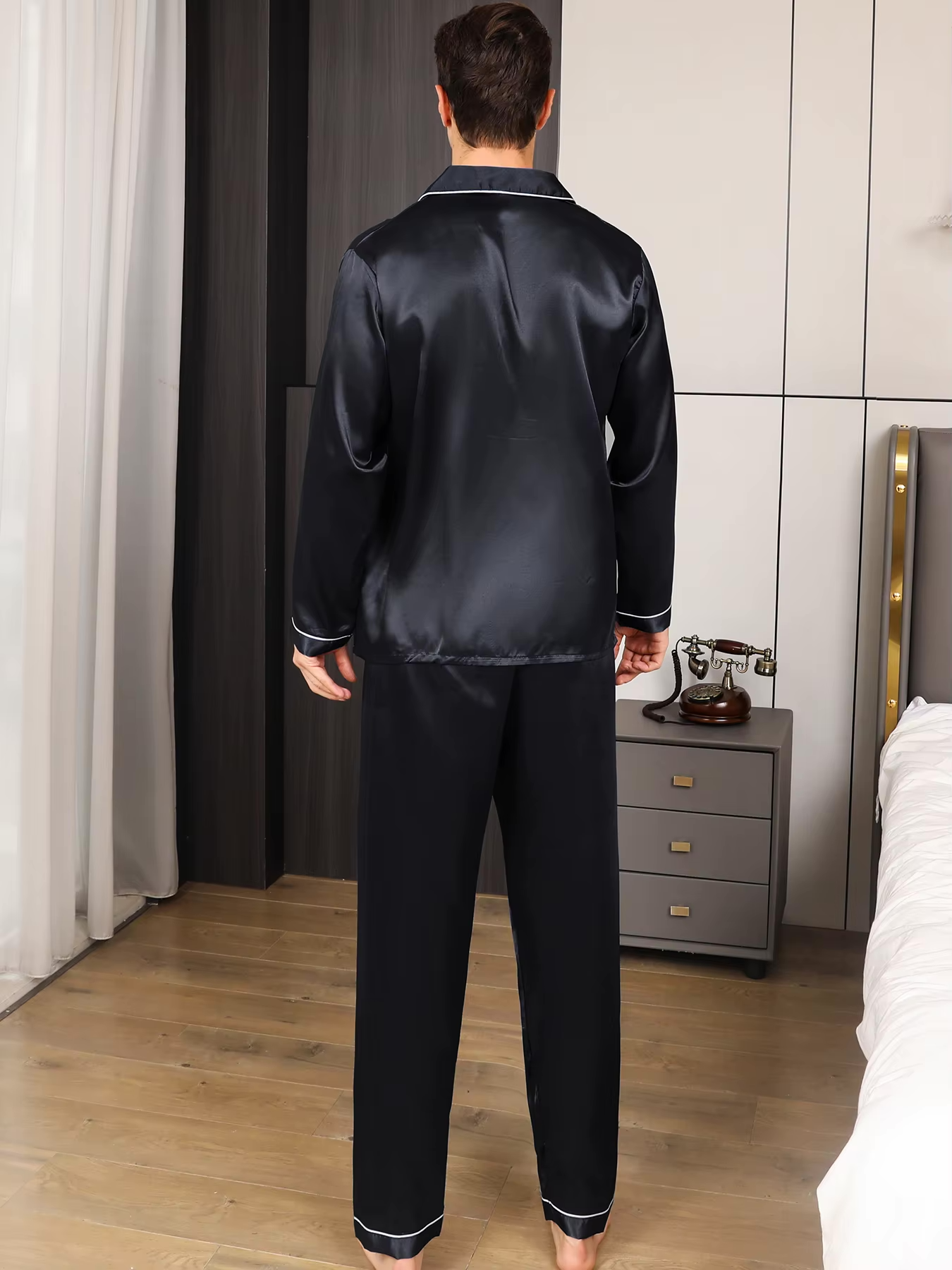 Ropa de dormir de satén para hombre SILKON – Conjunto de pijama de satén para hombre con camisa de manga larga y pantalón