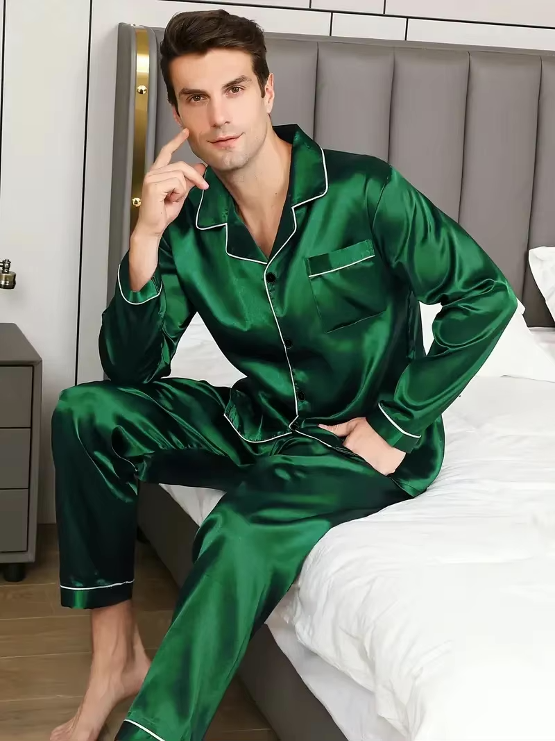 Ropa de dormir de satén para hombre SILKON – Conjunto de pijama de satén para hombre con camisa de manga larga y pantalón
