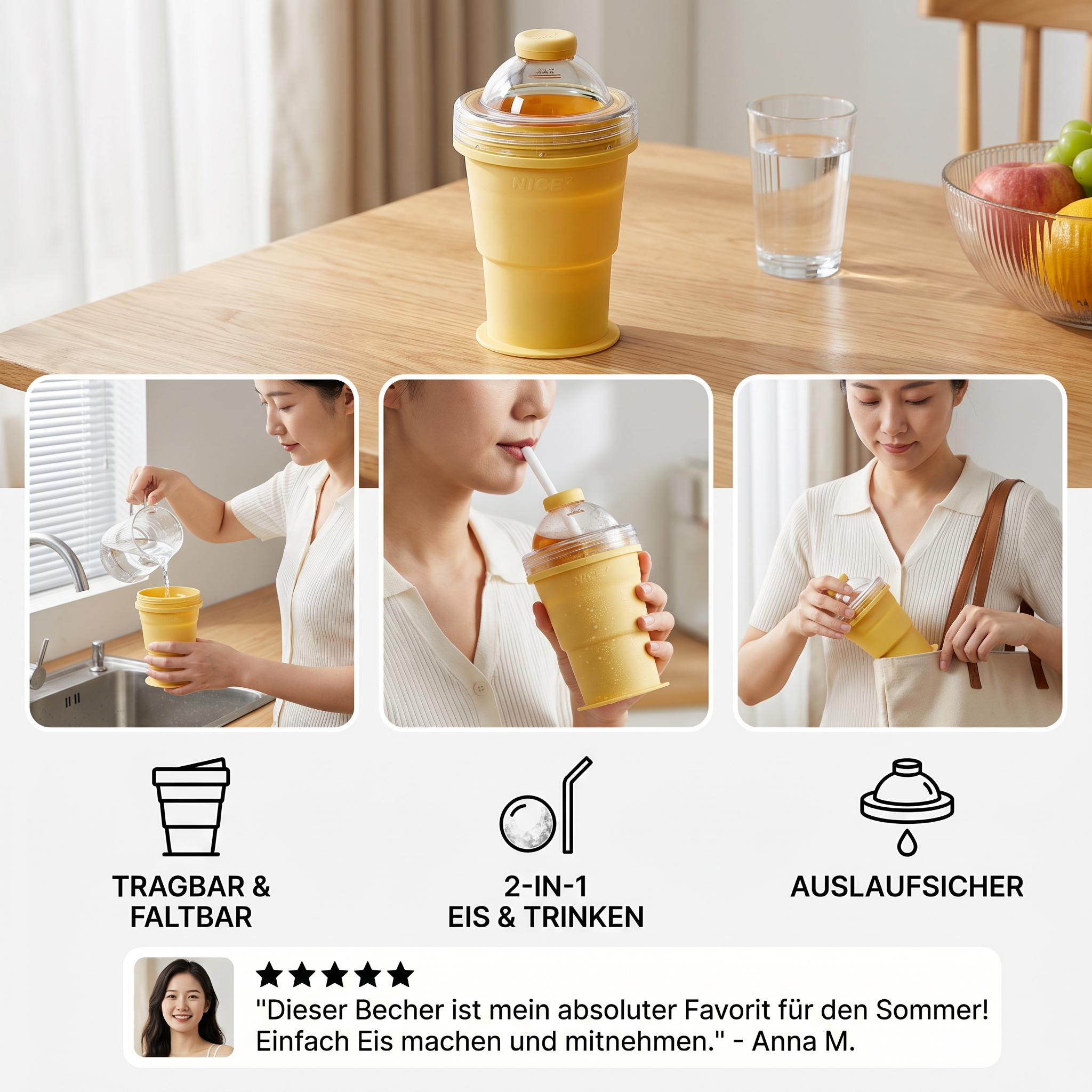 2-in-1 Eiswürfel-Becher – Faltbar, mit Strohhalm & Silikonform für unterwegs