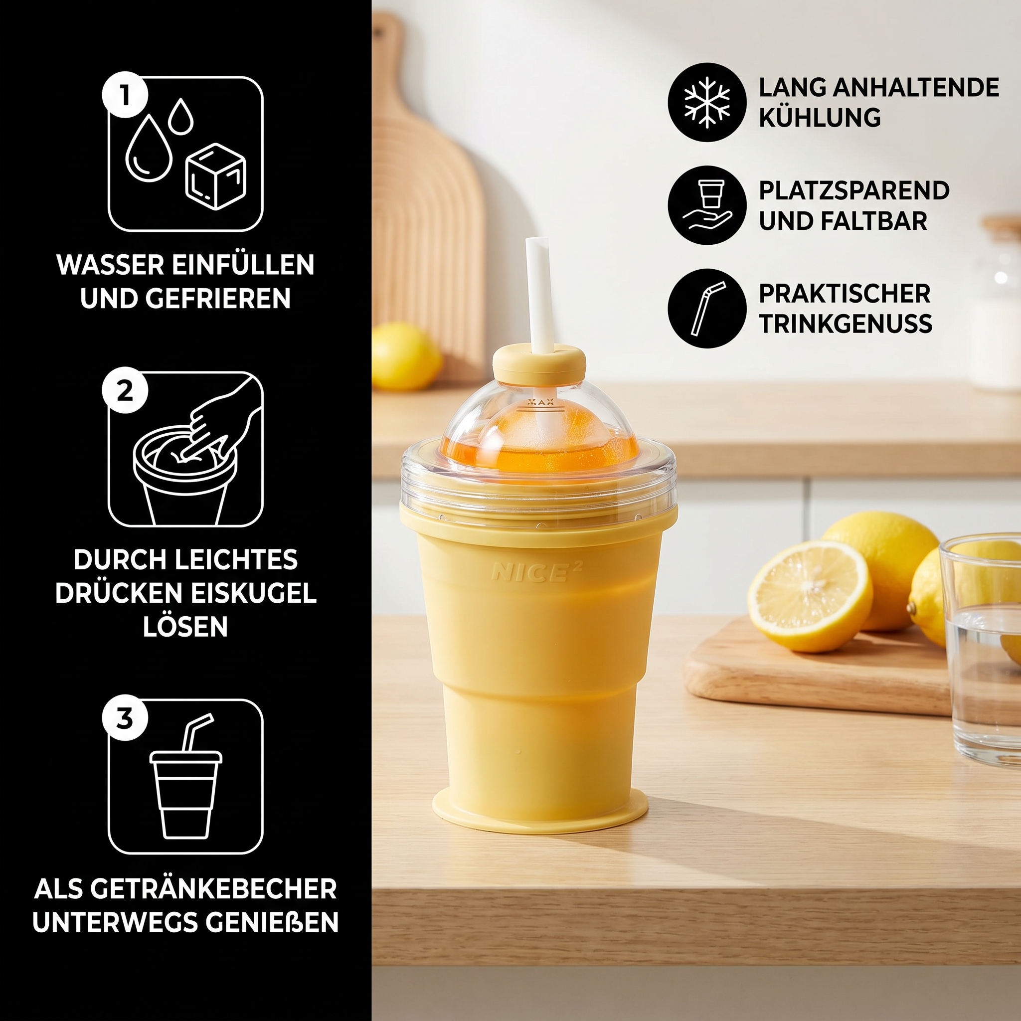 2-in-1 Eiswürfel-Becher – Faltbar, mit Strohhalm & Silikonform für unterwegs