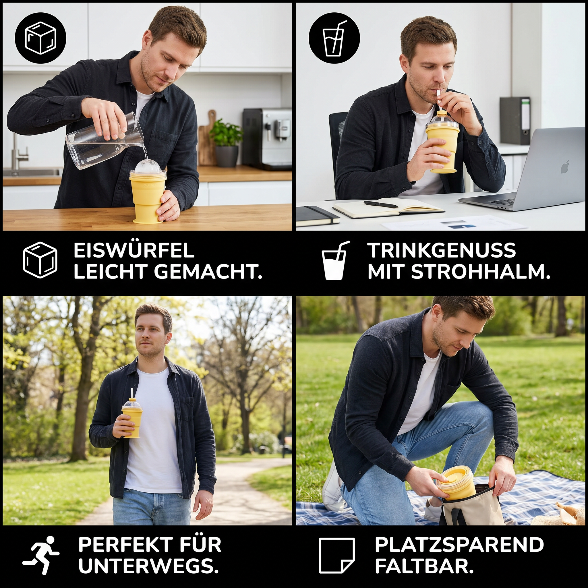 2-in-1 Eiswürfel-Becher – Faltbar, mit Strohhalm & Silikonform für unterwegs