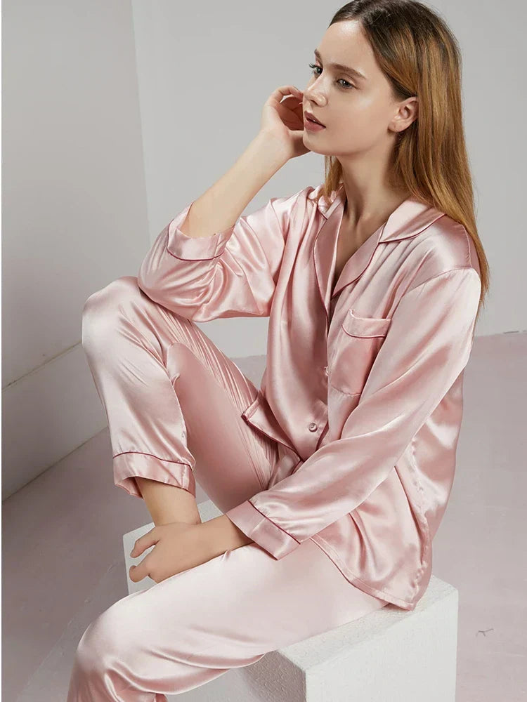 Conjunto de pijama de seda – pijama de seda para mujer de seda de morera con camisa de manga larga y pantalón