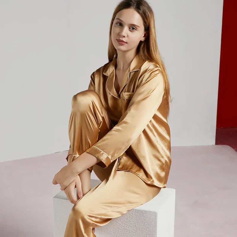 Conjunto de pijama de seda – pijama de seda para mujer de seda de morera con camisa de manga larga y pantalón