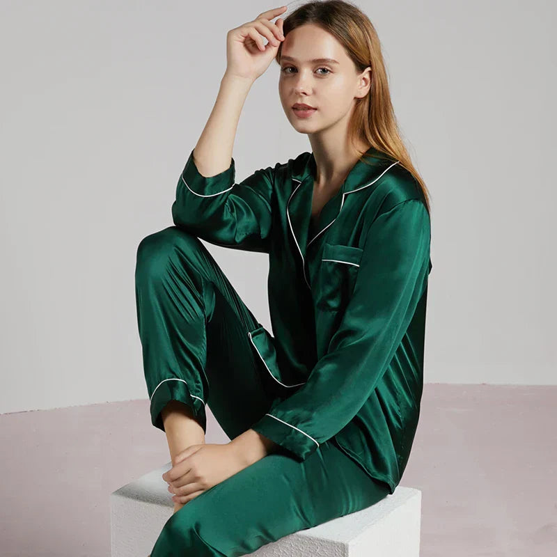Conjunto de pijama de seda – pijama de seda para mujer de seda de morera con camisa de manga larga y pantalón