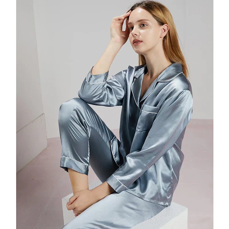 Conjunto de pijama de seda – pijama de seda para mujer de seda de morera con camisa de manga larga y pantalón