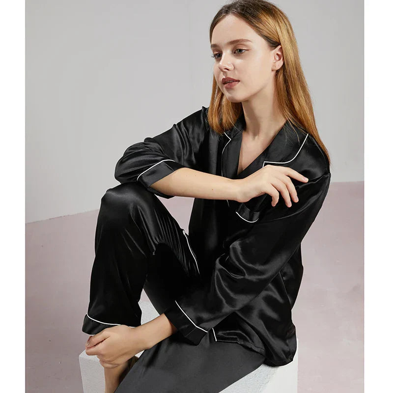 Conjunto de pijama de seda – pijama de seda para mujer de seda de morera con camisa de manga larga y pantalón