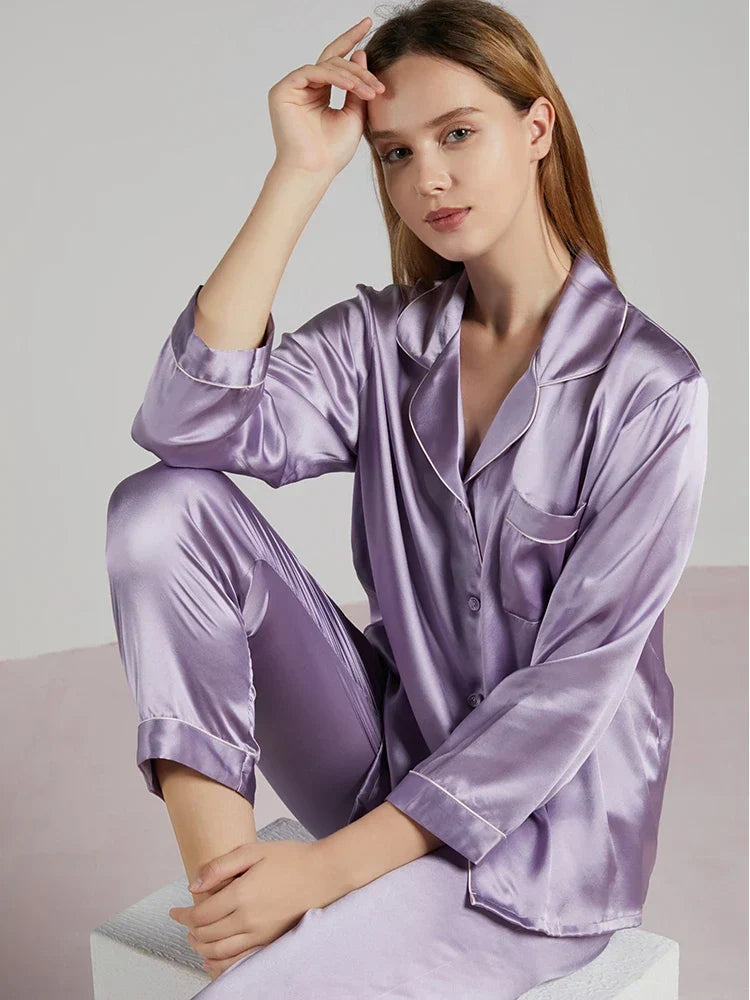 Conjunto de pijama de seda – pijama de seda para mujer de seda de morera con camisa de manga larga y pantalón