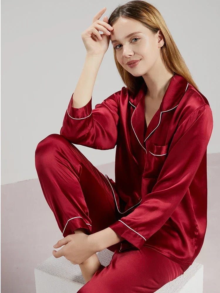 Conjunto de pijama de seda – pijama de seda para mujer de seda de morera con camisa de manga larga y pantalón