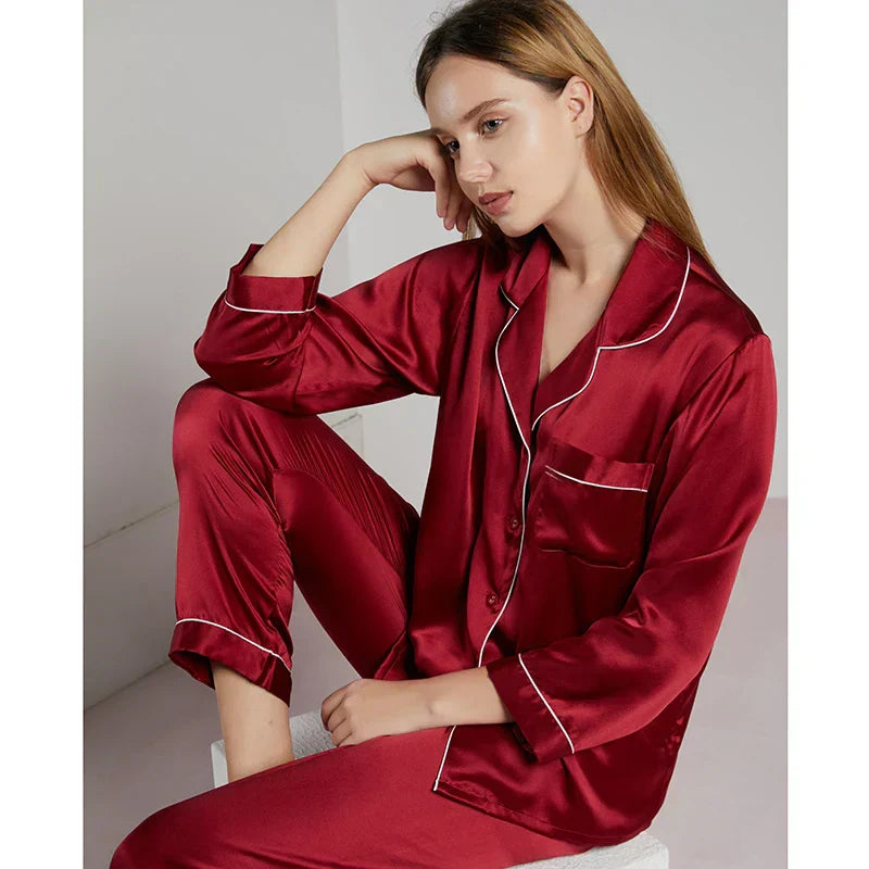 Conjunto de pijama de seda – pijama de seda para mujer de seda de morera con camisa de manga larga y pantalón