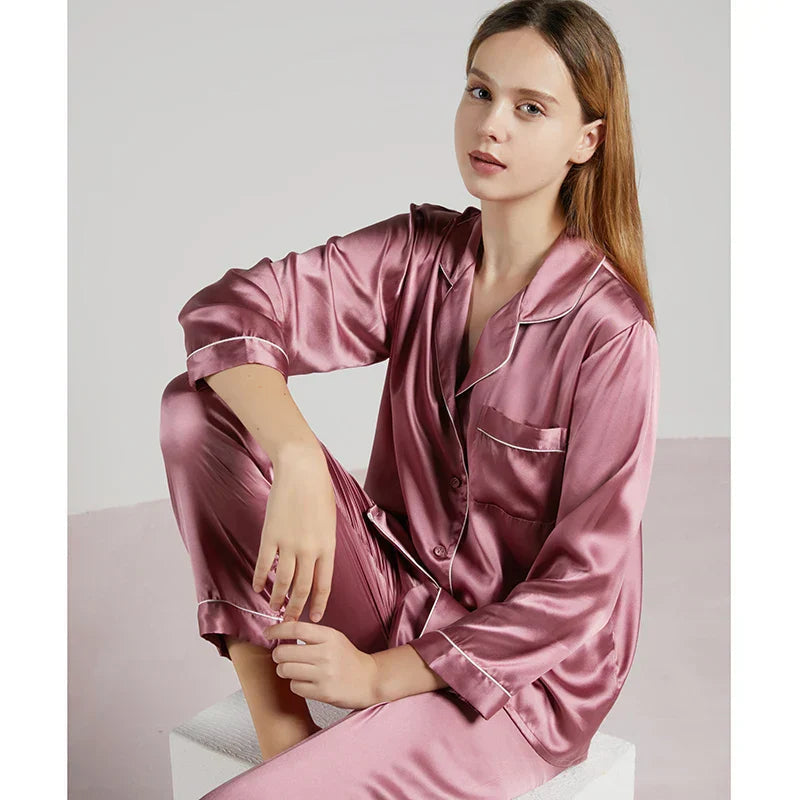 Conjunto de pijama de seda – pijama de seda para mujer de seda de morera con camisa de manga larga y pantalón