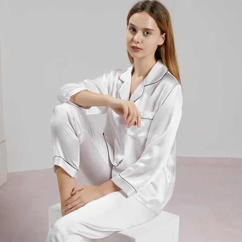 Conjunto de pijama de seda – pijama de seda para mujer de seda de morera con camisa de manga larga y pantalón