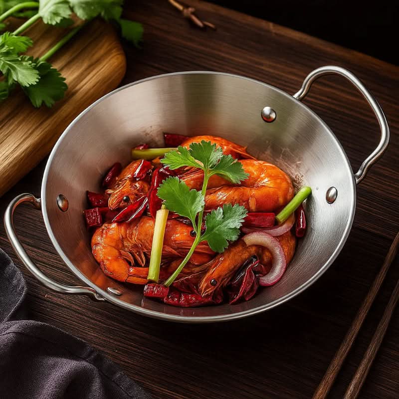 SizzleServe – Flache Edelstahlpfanne mit zwei Bratschalen 1