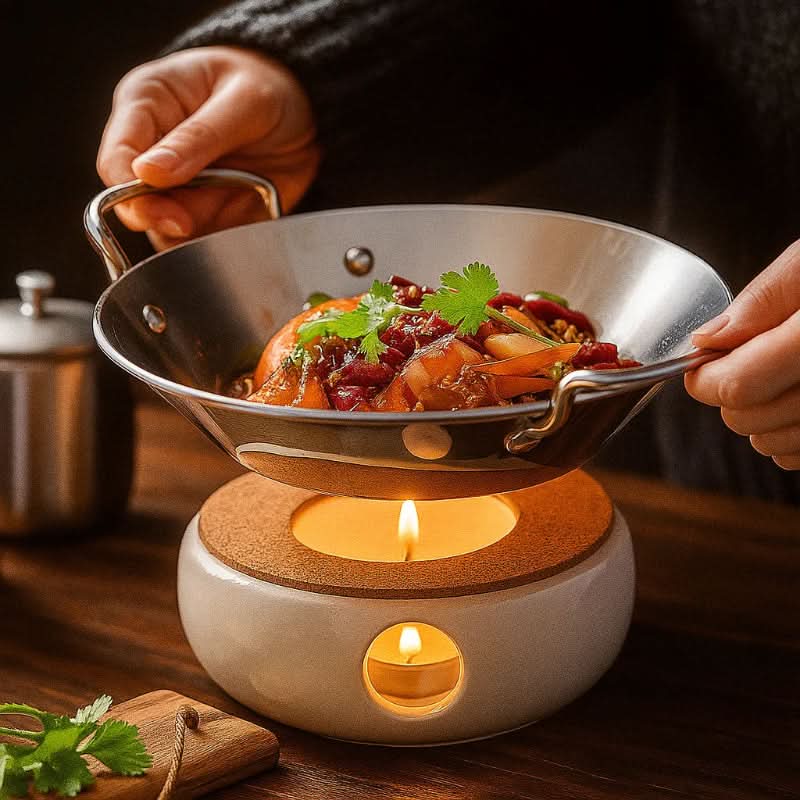 SizzleServe – Flache Edelstahlpfanne mit zwei Bratschalen 2