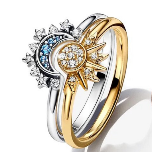 Anillo de cristal plateado brillante – Elegante anillo de plata 925 con diseño de luna y sol