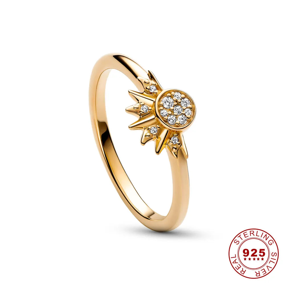 Anillo de cristal plateado brillante – Elegante anillo de plata 925 con diseño de luna y sol