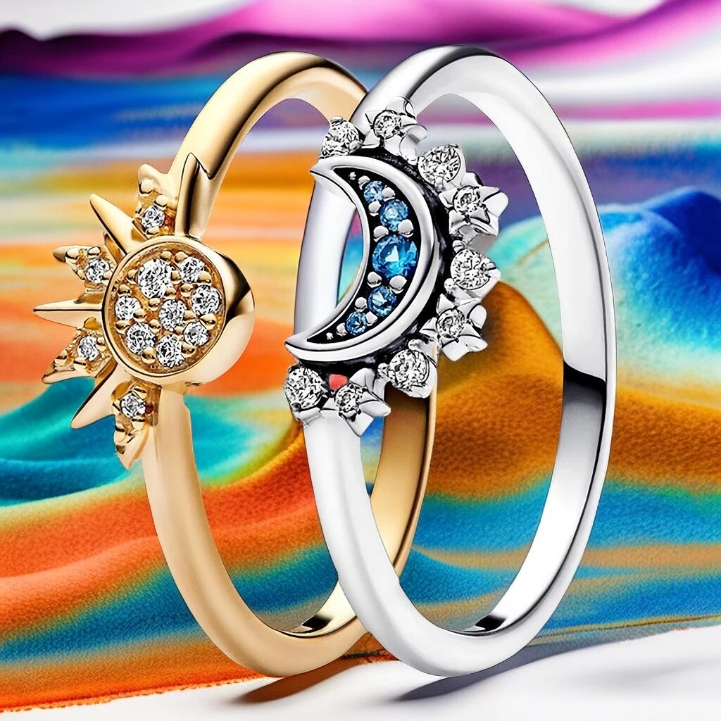 Anillo de cristal plateado brillante – Elegante anillo de plata 925 con diseño de luna y sol