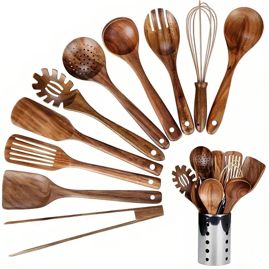 TeakStyle Küchenutensilien-Set | 11-teiliges Set aus natürlichem Teakholz | Kratzfeste Kochutensilien | Umweltfreundliches Küchenzubehör 0