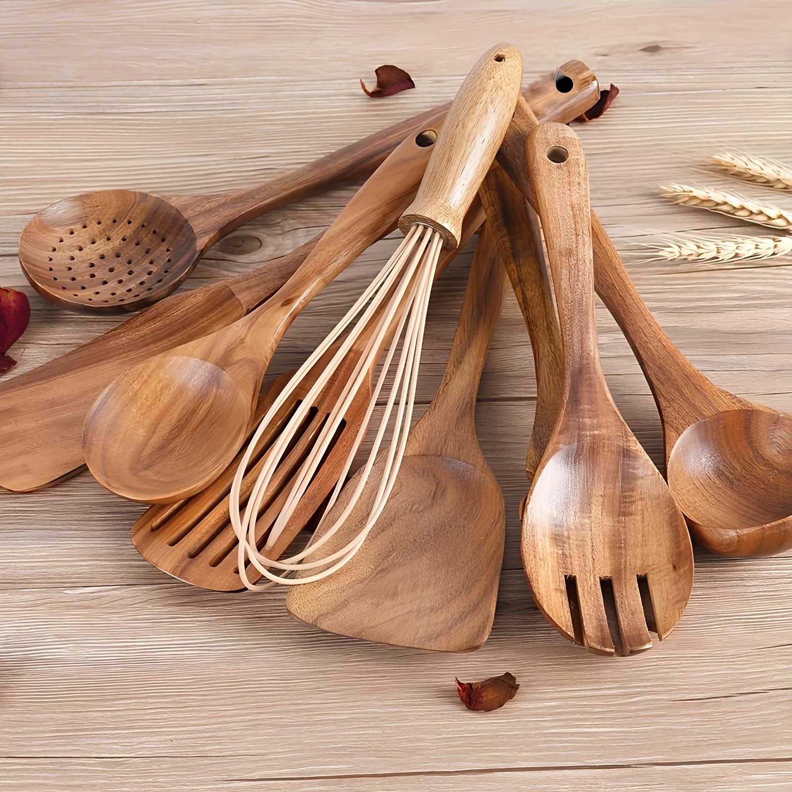 TeakStyle Küchenutensilien-Set | 11-teiliges Set aus natürlichem Teakholz | Kratzfeste Kochutensilien | Umweltfreundliches Küchenzubehör 2