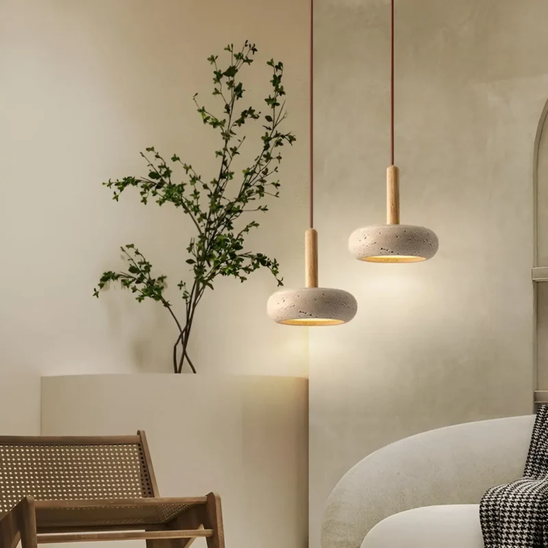 TranquilHalo – LED Retro Deckenleuchte aus Stein & Holz