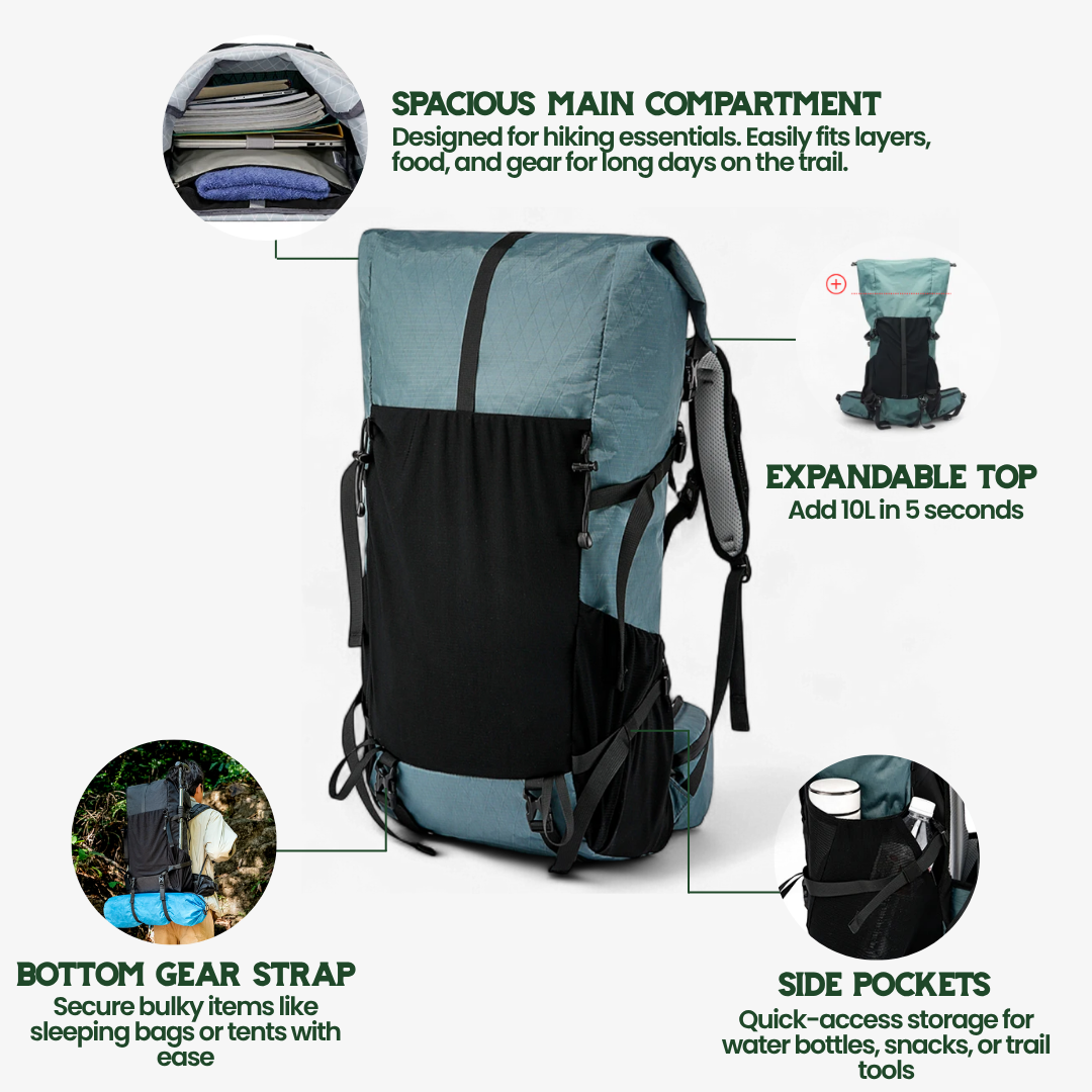 ULTREA PACK – Mochila de aventura ultraligera de 50L con cierre enrollable y nylon ripstop