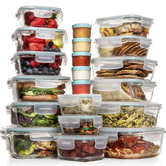 GLASSAFE SET DE RANGEMENT – Ensemble de rangement en verre 35 pièces avec couvercles à clipser et coupelles à dips pour préparation de repas et stockage