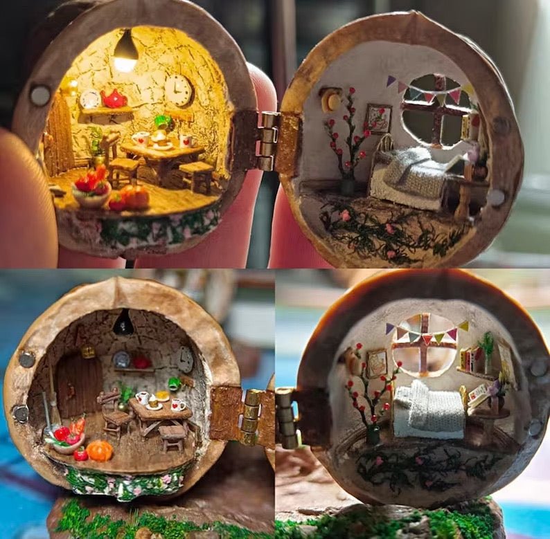 NUTSHELLIA – Casa de muñecas artesanal hecha con cáscaras de nuez y luz interior
