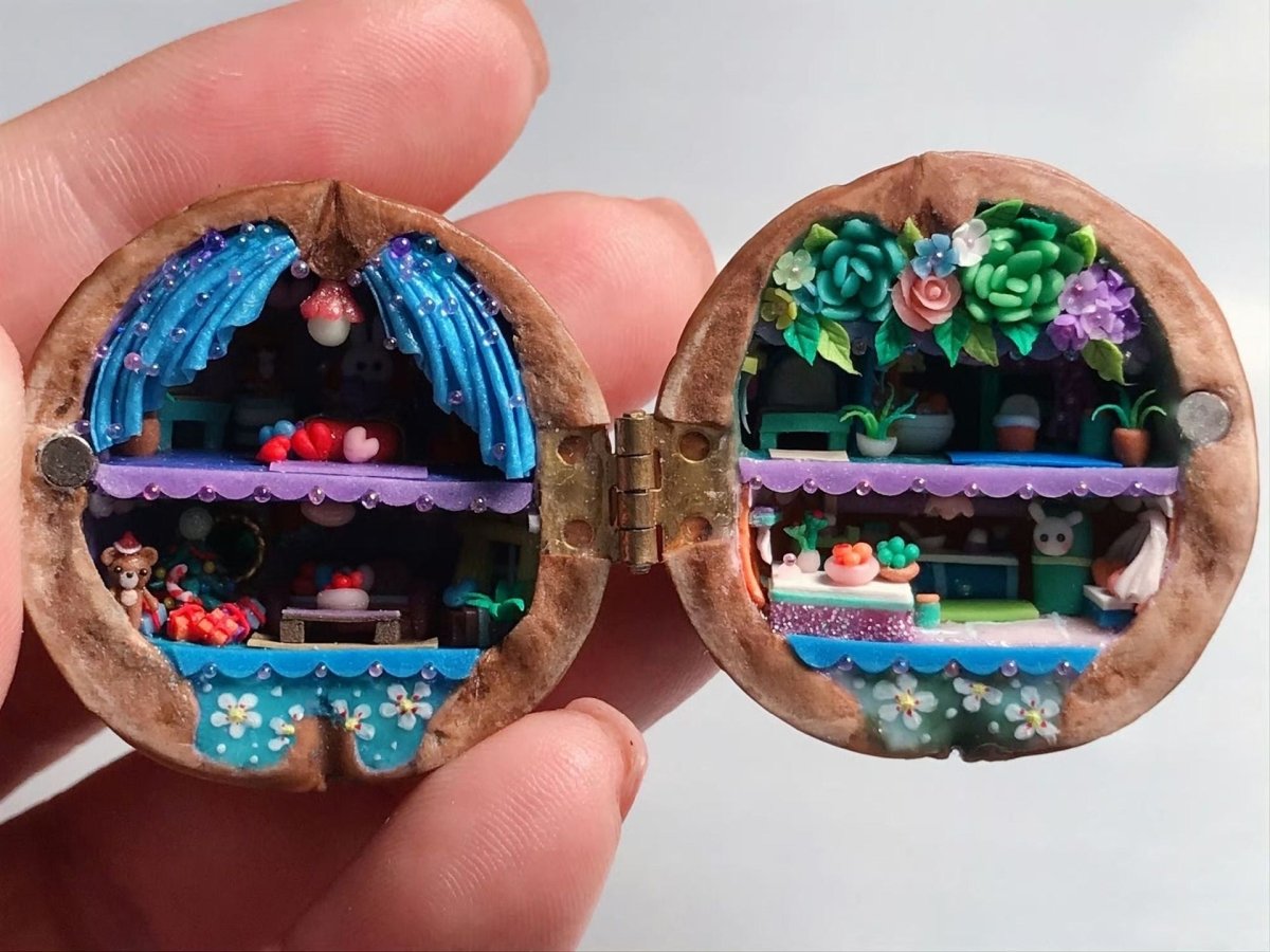 NUTSHELLIA – Casa de muñecas artesanal hecha con cáscaras de nuez y luz interior
