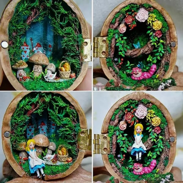 NUTSHELLIA – Casa de muñecas artesanal hecha con cáscaras de nuez y luz interior