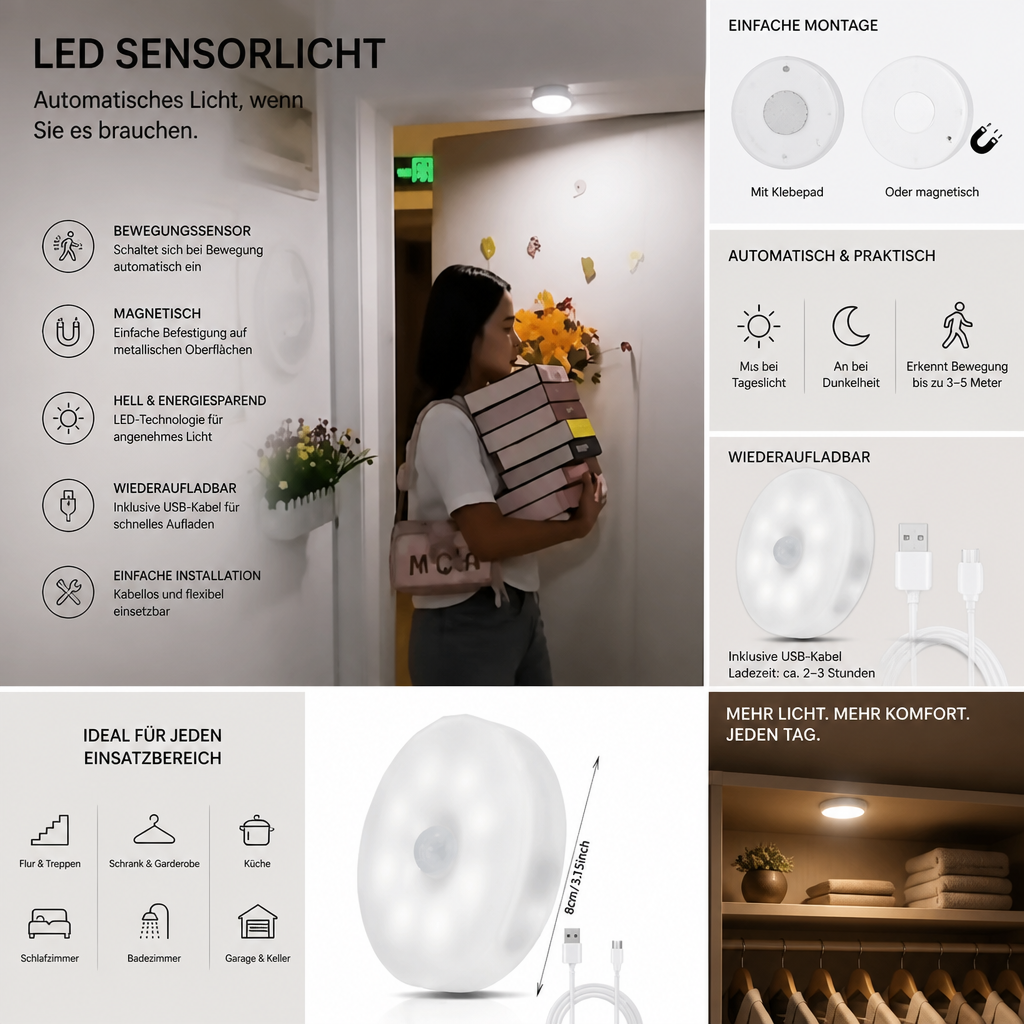 Wiederaufladbares LED Sensorlicht (4er-Set) – Magnetisch und automatisch für vielseitige Anwendungen