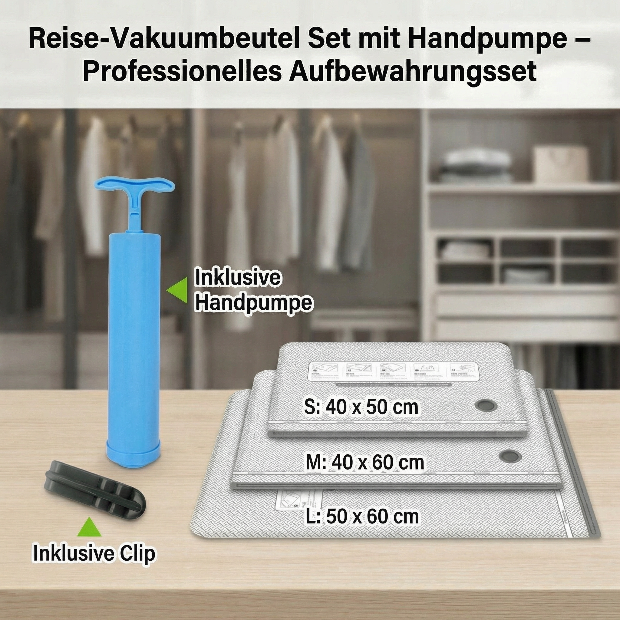 Reise-Vakuumbeutel Set mit wiederaufladbarer Luftpumpe