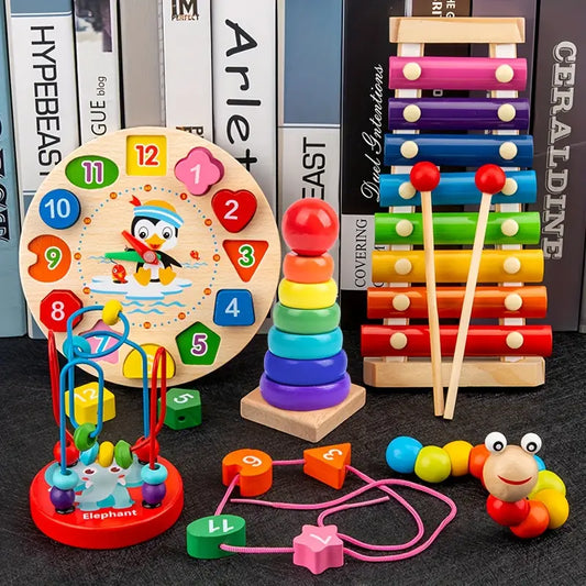 EduQuest Ensemble Montessori 5-en-1 – Jouet éducatif naturel en bois pour bébés dès 6 mois