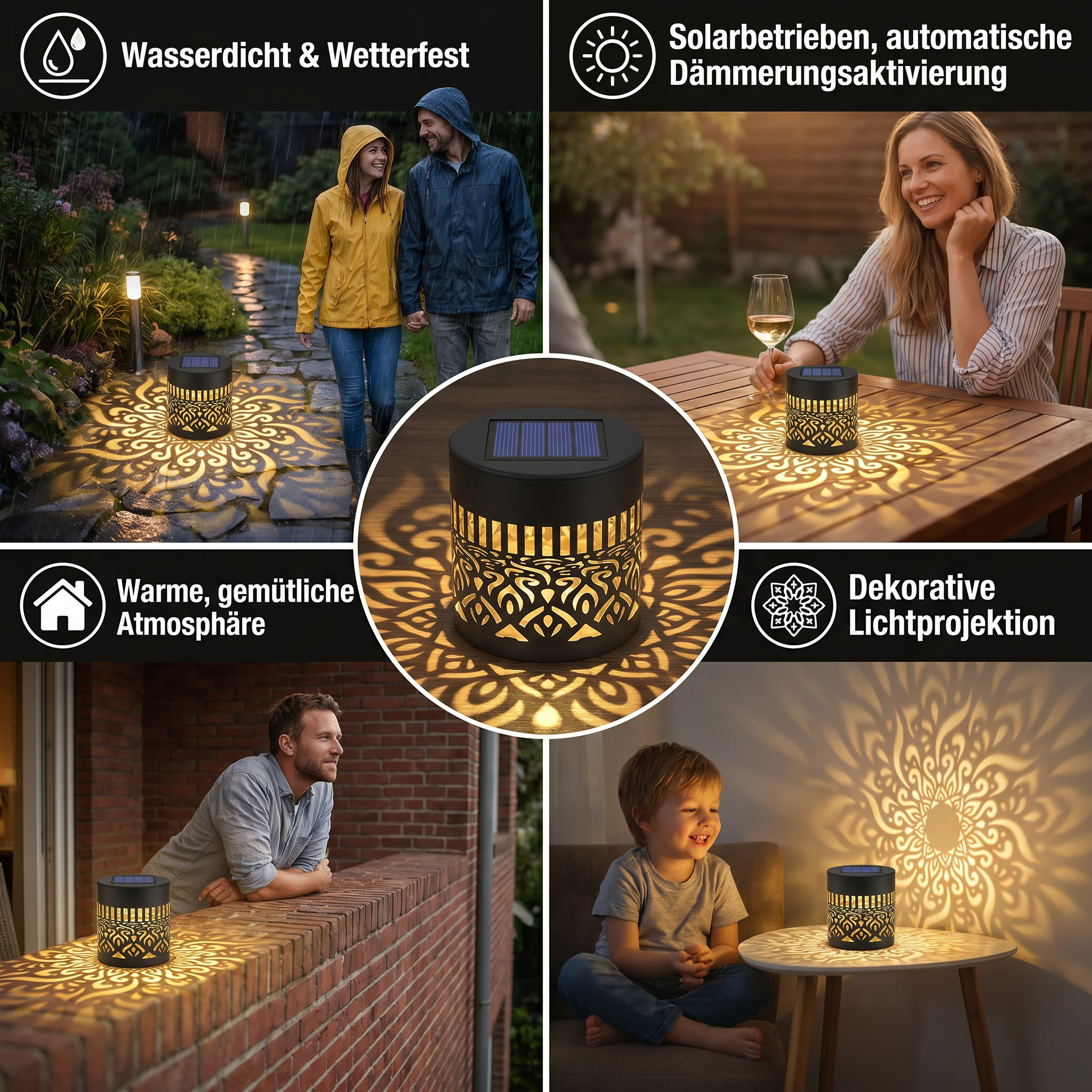 Farbenfrohe Solar-Mandala-Gartenleuchte – Wasserdichte LED-Wandprojektionslaterne für den Außenbereich