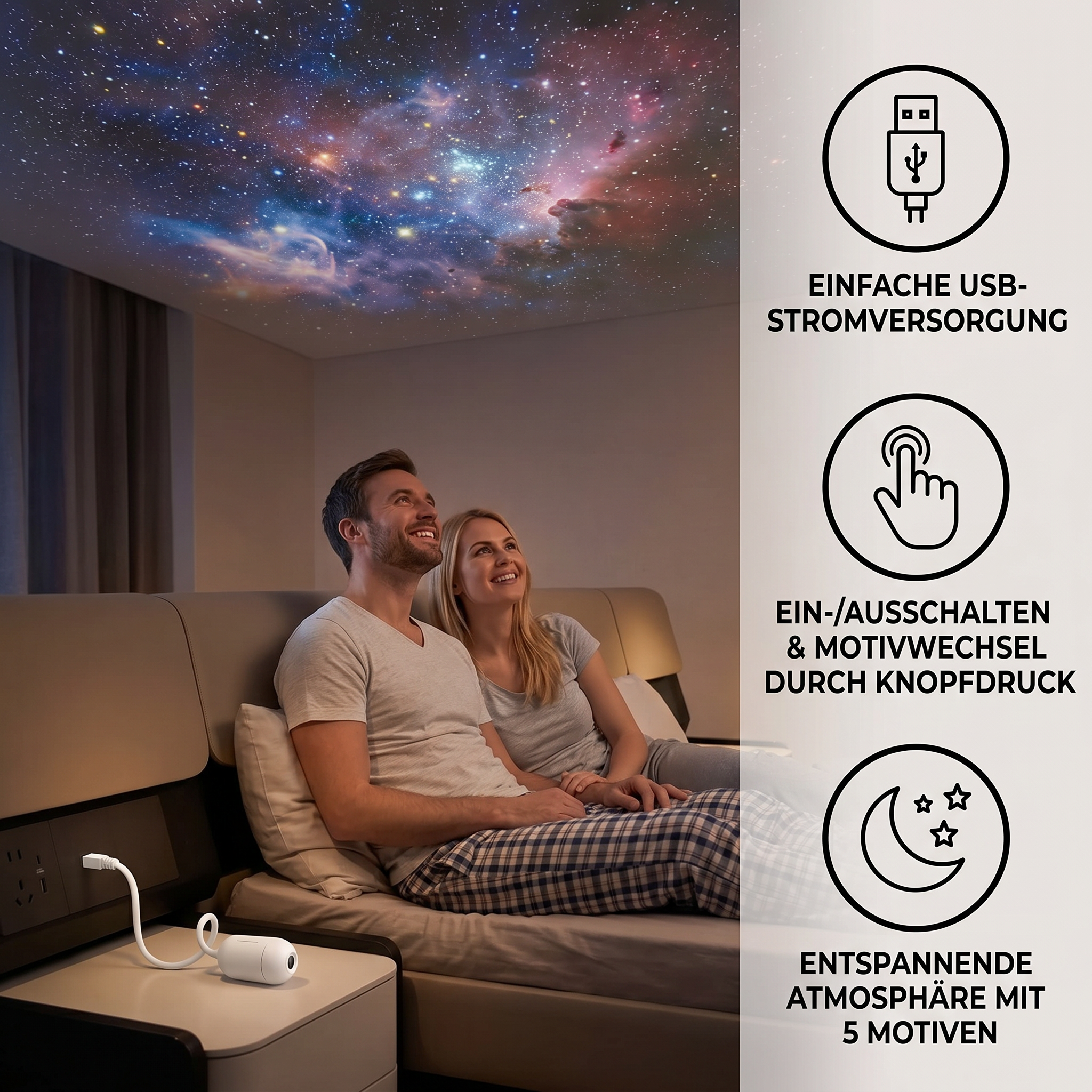 Moderne Sternenhimmel Lampe – USB Mini Projektor Nachtlicht für Schlafzimmer & entspannte Atmosphäre inkl. 5 Motiven