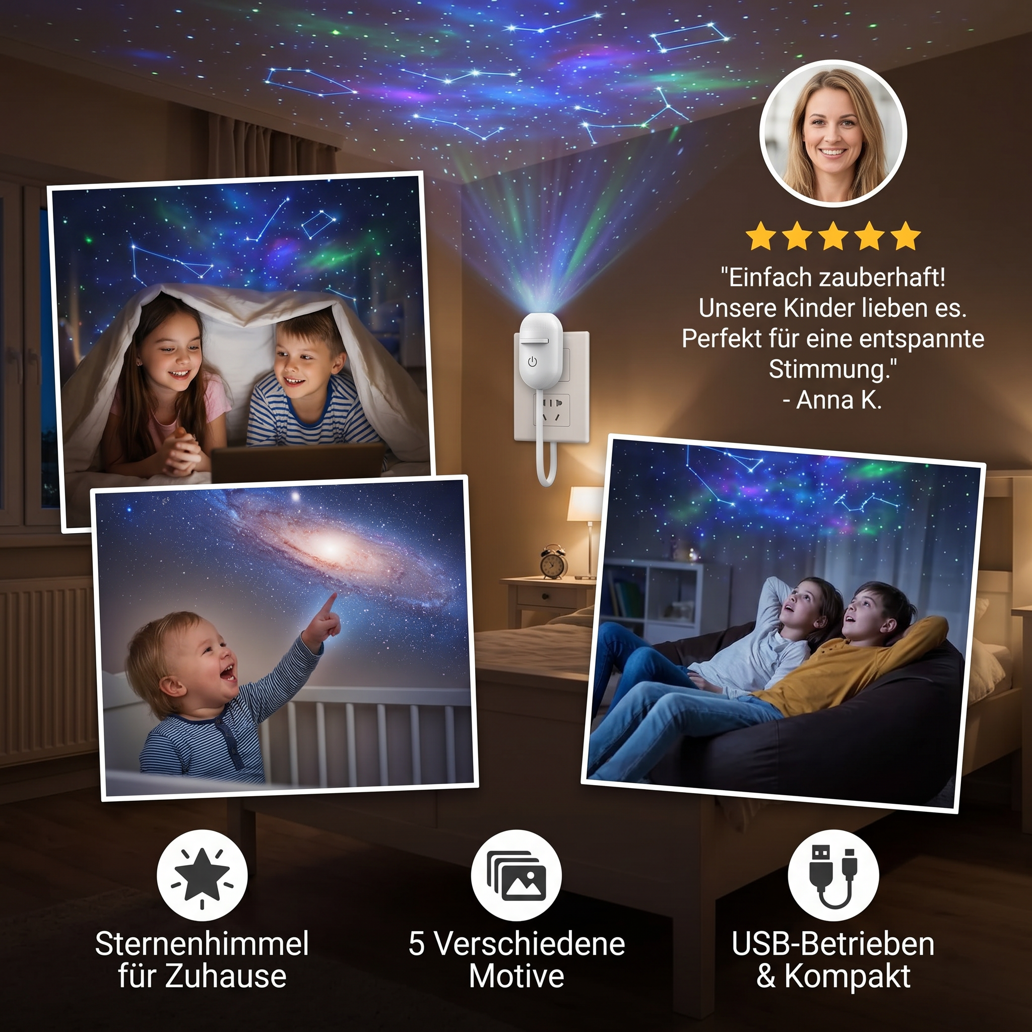 Moderne Sternenhimmel Lampe – USB Mini Projektor Nachtlicht für Schlafzimmer & entspannte Atmosphäre inkl. 5 Motiven