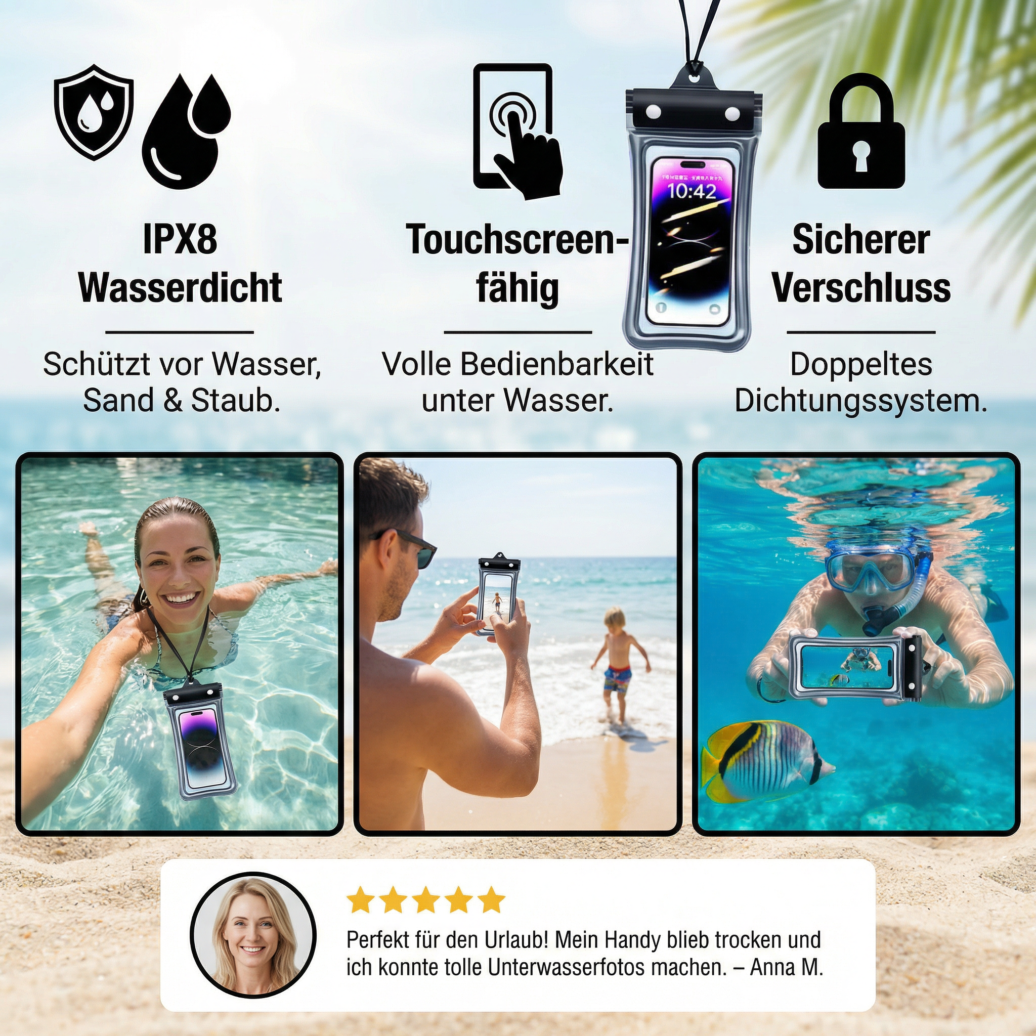 Wasserdichte Handyhülle – Transparenter Touchscreen Beutel mit Umhängeband für Strand, Schwimmen & Tauchen