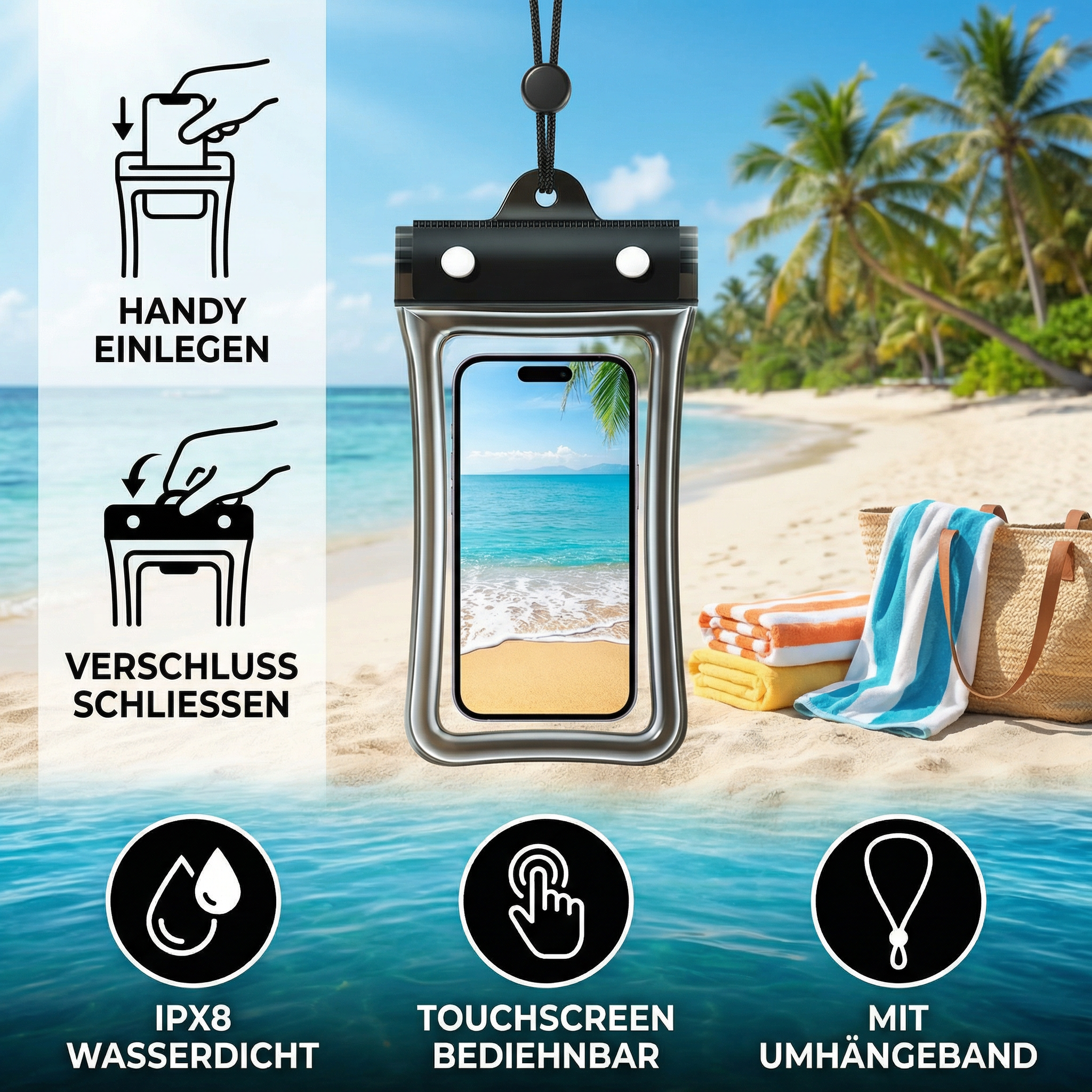 Wasserdichte Handyhülle – Transparenter Touchscreen Beutel mit Umhängeband für Strand, Schwimmen & Tauchen