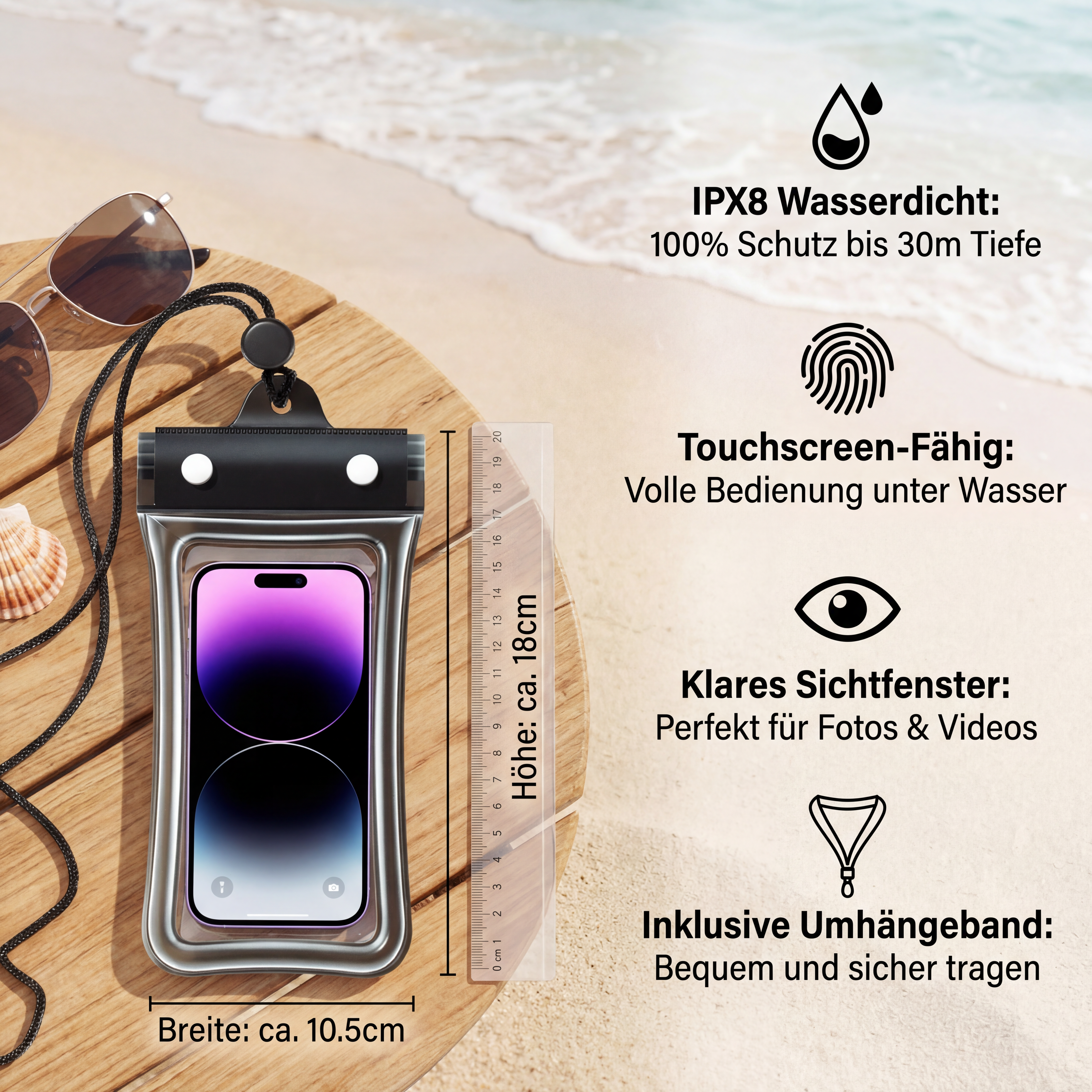 Wasserdichte Handyhülle – Transparenter Touchscreen Beutel mit Umhängeband für Strand, Schwimmen & Tauchen