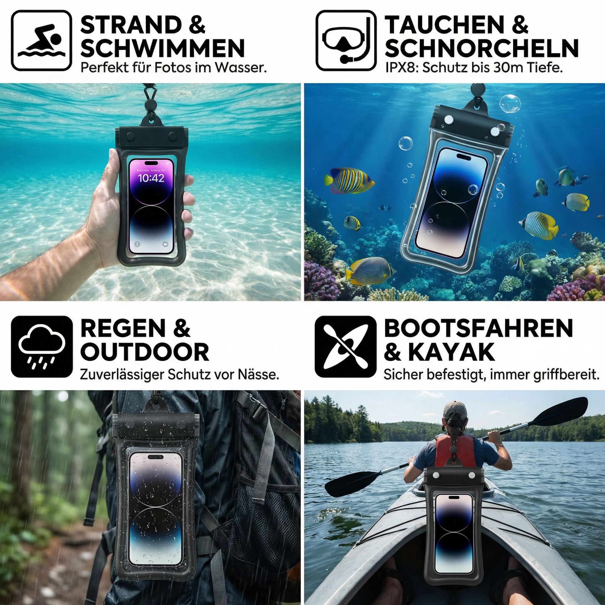 Wasserdichte Handyhülle – Transparenter Touchscreen Beutel mit Umhängeband für Strand, Schwimmen & Tauchen