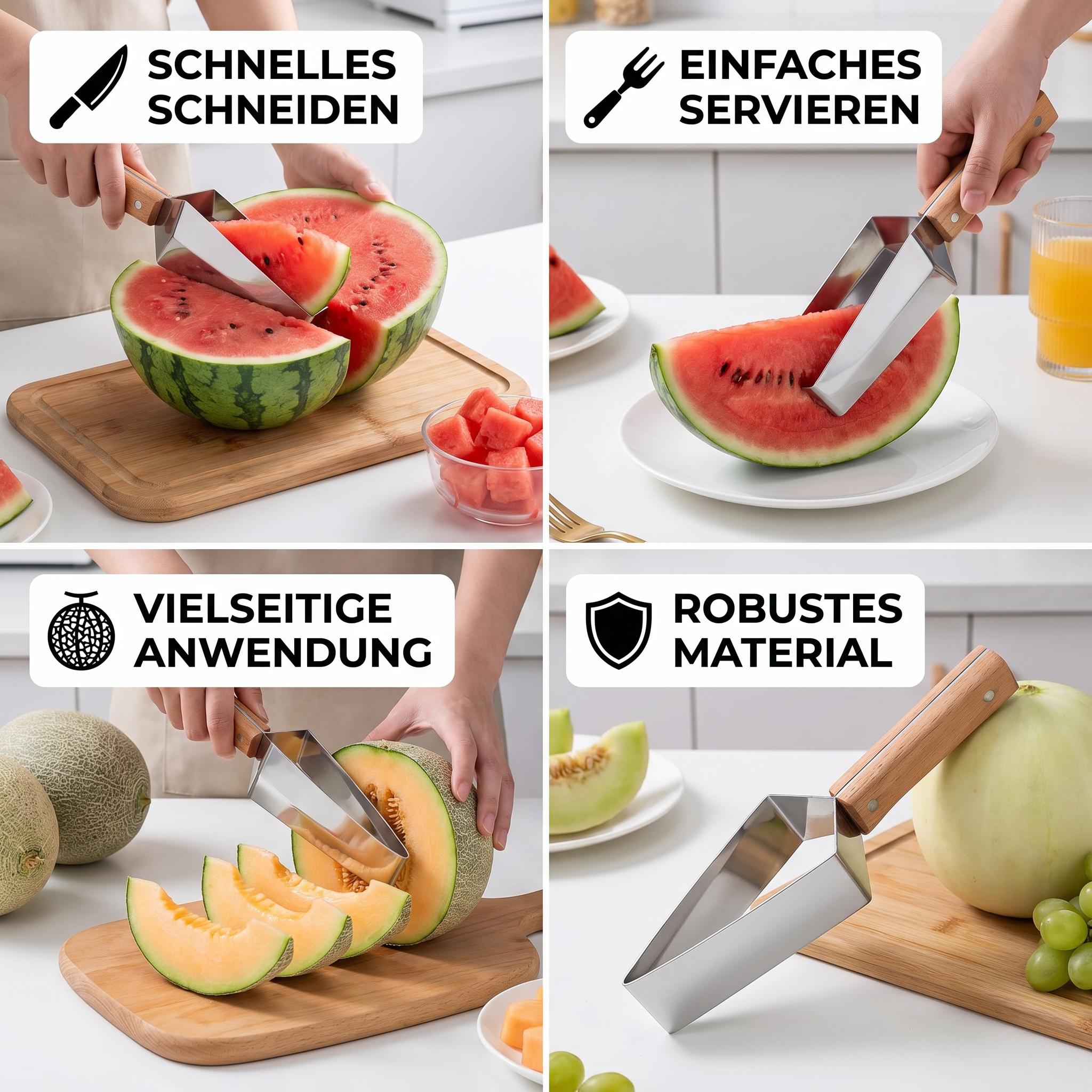 Wassermelonen-Schneider aus Edelstahl mit Holzgriff – Sauberes & schnelles Portionieren