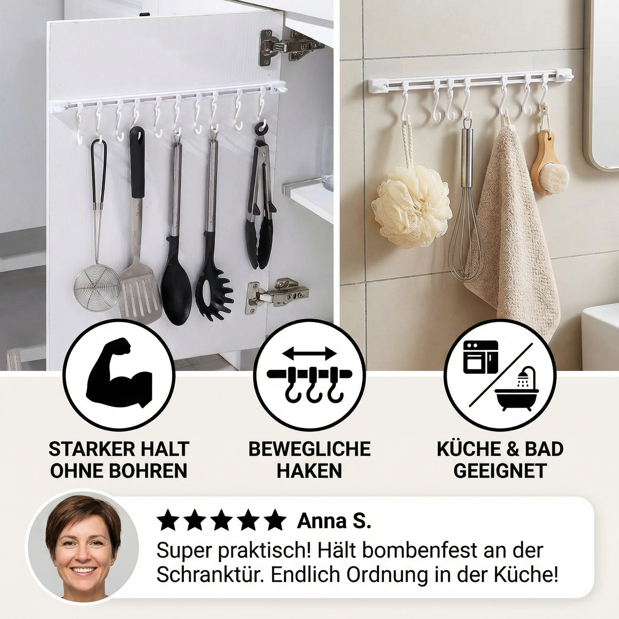 Selbstklebende Hakenleiste für Küche und Bad - Starker Halt ohne Bohren (2 Stk.)