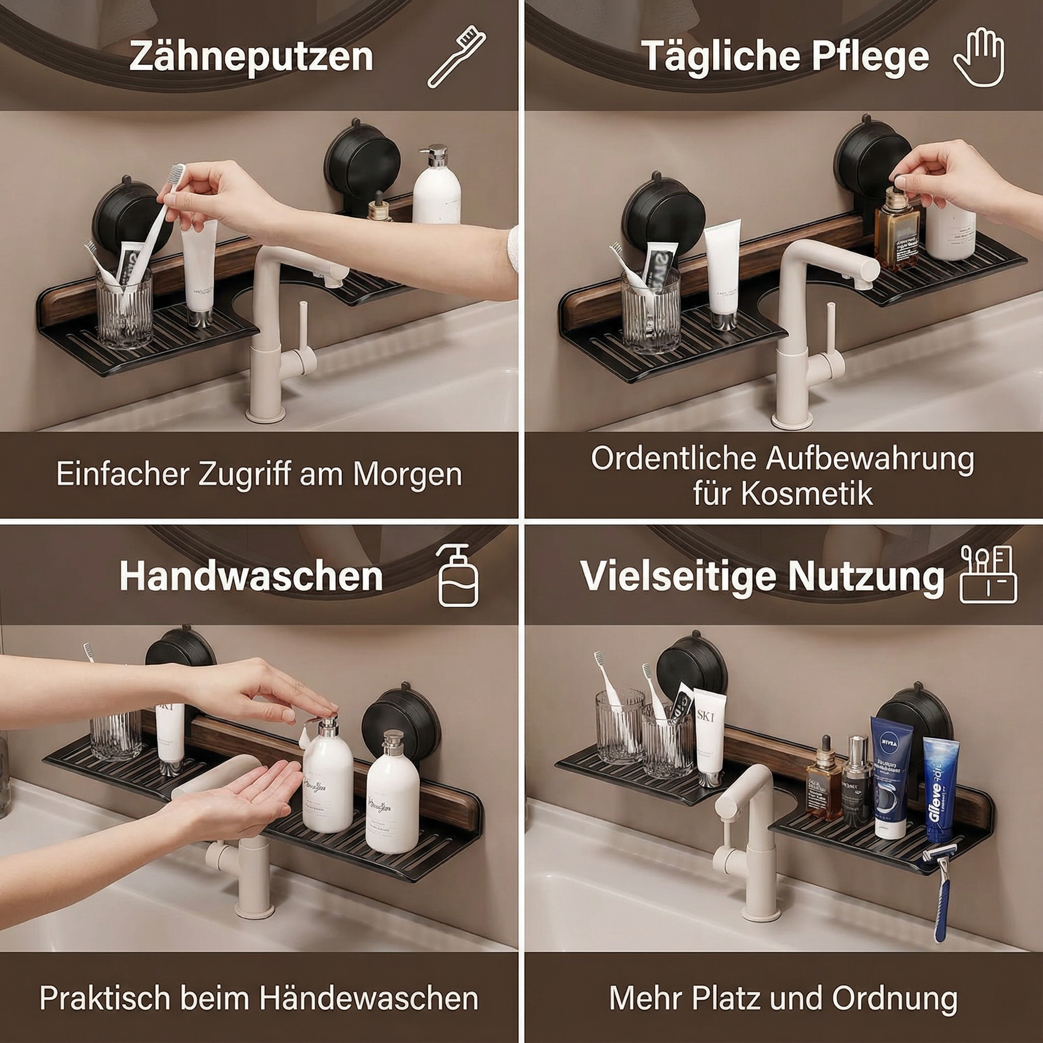 Badezimmer Saugnapf Waschbeckenablage im Walnuss Design